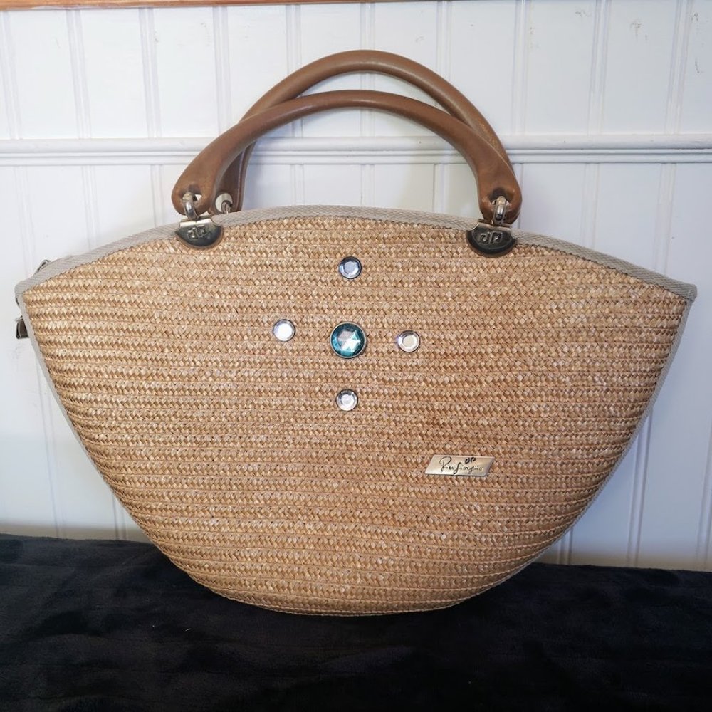 Pier Giorgio Womens Bag Straw Wood Handles Rhinestone Crescent Zip Closure Italy